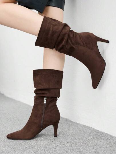 CUCCOO BIZCHIC 咖啡色尖头一脚蹬高跟褶饰踝靴，女士时尚短靴