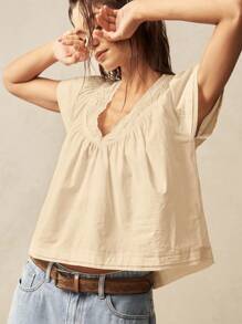 Bohemela Áo sơ mi tay ngắn rộng rãi cổ chữ V dệt màu trơn cho nữ - Màu Khaki - Xem 4