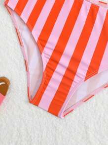 Girls Tomato Striped Ruched Strap Fly Hem Tankini Bikini Set Set (Sibling Outfits Matching Outfits, 2 Pieces Are Sold Separately) - Multicolor - View 5