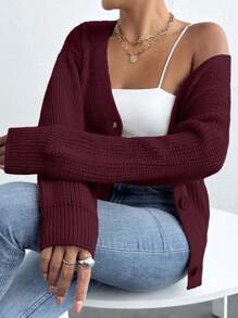 EURMUSE Women Solid Color Long Sleeve Single-Breasted Casual Loose Cardigan,Petite Cardigans,Cardigans - Burgundy - View 3