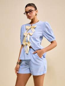 Muvela 2 Stücke Damen Sommer Set aus gestreiftem Top mit Schleifendekor und Puffärmeln sowie Shorts