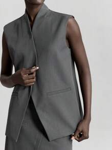 Ontre Conjunto de traje gris oscuro de estilo urbano con tela resistente a las arrugas que incluye blazer, chaleco y minifalda, atuendo de oficina casual, corte suelto