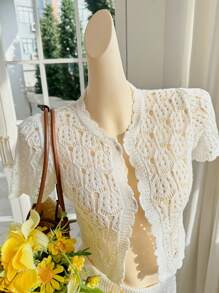 Skyraze Women Solid Color Regular Shoulder Short Sleeve Casual Hollow-Out Knit Set