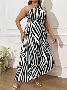 SHEIN Unity 大码不对称肩条纹印花褶皱连衣裙 - 黑與白 - 查看 5