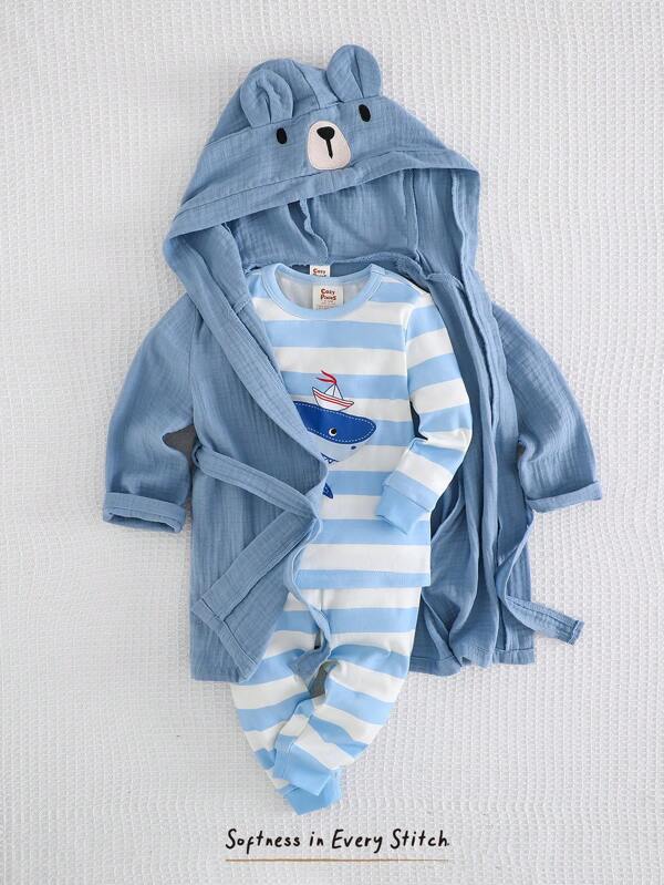 Cozy Pixies Bata con capucha y orejas, de manga larga, con lazo y estampado de oso de dibujos animados, para bebé niño