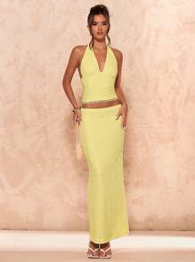 SHEIN BAE 女式黄色露背纹理短款上衣和低腰直筒下摆半身裙，夏季 - 黃色 - 查看 3