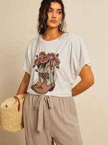 SHEIN VCAY 2 pezzi Completo di taglia grande - T-shirt grafica a rose e pantaloni, set da vacanza estiva in due pezzi, abbigliamento per spiaggia, t-shirt grafiche primaverili, abbigliamento casual elegante da donna, completi boho e da festival, pantaloni da lavoro, abbigliamento da vacanza tropicale ed elegante - Multicolore - Visualizzare 5