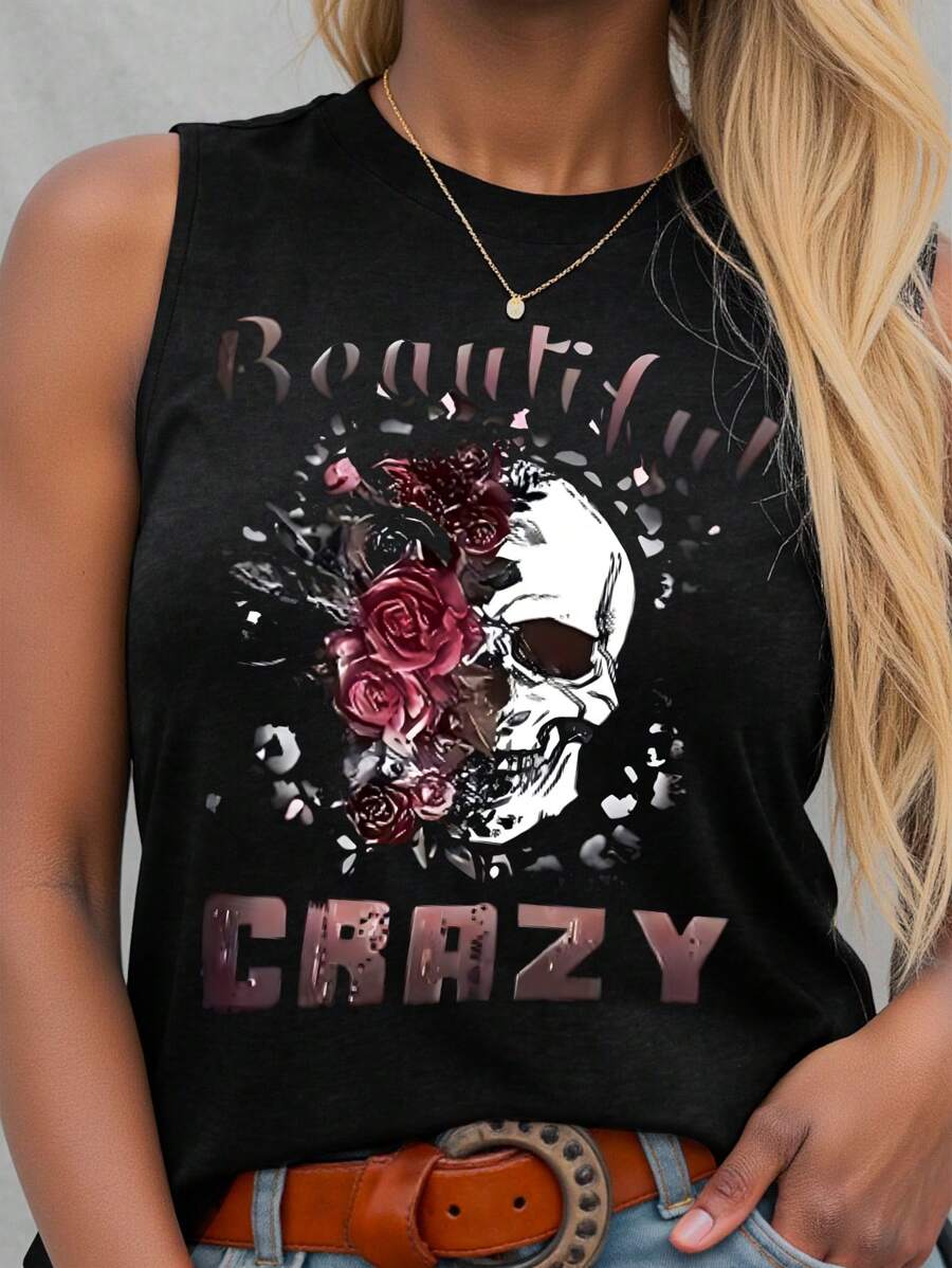 Glissea Top sin mangas de verano casual con estampado de calavera y flores, camiseta gráfica para mujer - Negro - Ver 1