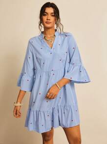 Freevana Plus Size Heart Pattern Blue & White Stripe V-Neck Puff Sleeve Waist A-Line Romantic Beach Short Dress, Valentine,Beach Dress Sundress,Holiday Outfits Boho - Blue and White - View 3