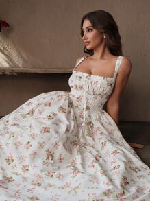 Savoree Boho Midi Sundress For Women Sleeveless Floral Print Dress With Square Neckline And Flared Hem