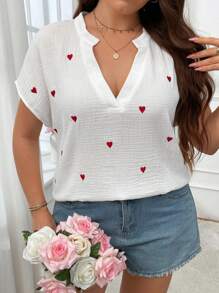 Breezaya Plus Size Boho V-Neck Heart Embroidered Shirt, For Summer Work And Daily Wear