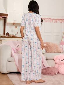 SHEIN Ins 可爱蝴蝶结条纹印花女士睡衣套装 - 彩色 - 查看 2