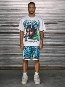 Axepeak 休闲街头服饰，肖像图案 T 恤和松紧腰短裤，男士两件套 - 青碧色 - 查看 3