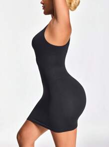 SHAPORA 女式纯色 V 领吊带背心式短款紧身连衣裙，休闲 - 黑色 - 查看 5