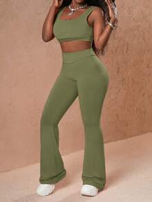 Slaydiva Bộ 3 áo không tay thường ngày cho nữ, áo cánh dài tay và quần dài - xanh quân đội - Xem 3