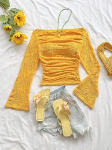 Soleia 女士纹理针织露肩喇叭袖修身上衣，适合度假、波西米亚风万圣节装扮、早午餐、生日派对、外出、约会、工作、锐舞派对等场合。 - 黃色 - 查看 5