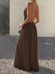 DAZY Vestido casual de longitud media sin espalda con lazo y sin mangas de color liso para mujer de vacaciones