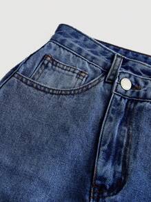 SHEIN MOD 女式休闲牛仔迷你裙，前开衩，下摆不对称，蓝色 - 深色水洗藍 - 查看 3