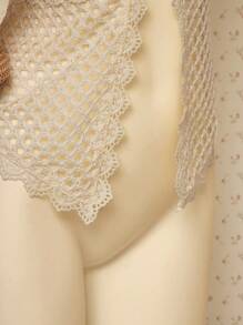 SHEIN ICON Kobiety Western Boho Słodkie Białe Wakacje Kraj Wyjście Seksowna Przezroczysta Jednolity Kolor Kontrast Koronka Bez Rękawów Otwarta Przednia Bluzka - Morela - Zobacz 7