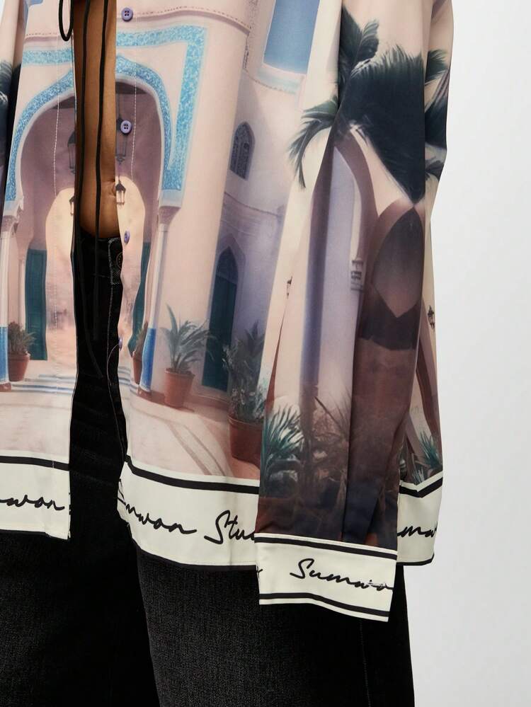 SUMWON WOMEN Luxury Casual Travel Leisure Scenic Print Long Sleeve Button Down Blouse