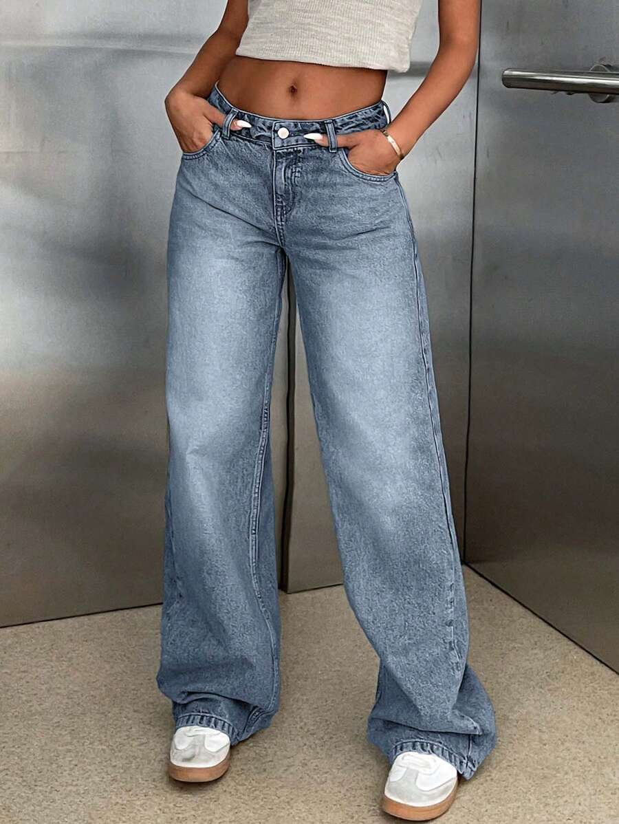 EURMUSE 100% Cotton LOW RISE WIDELEG CUT VINTAGE WASH Y2K STYLE JEAN - Light Wash - View 1