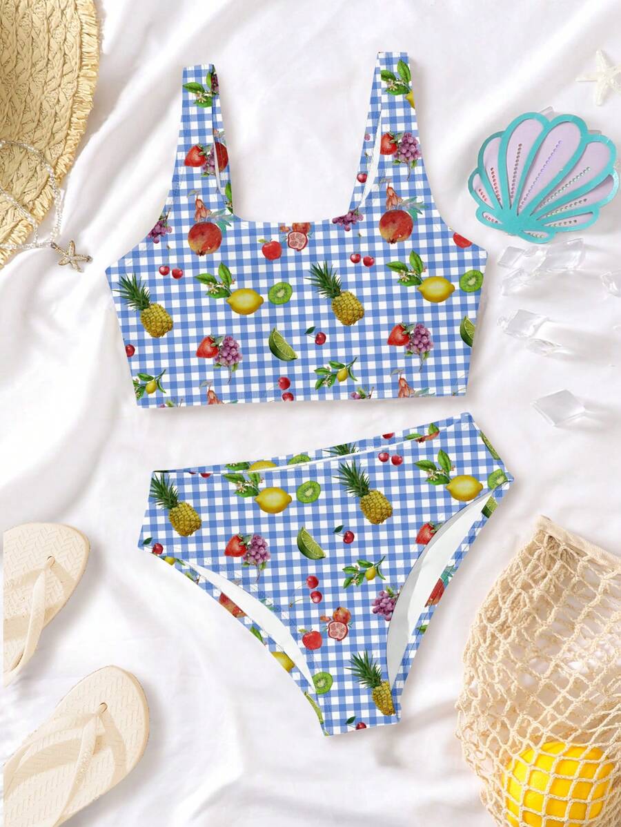 Tween Girls Casual Minimalist Colorful Tropical Fruit & Check Pattern Spaghetti Strap Tank Top & Briefs Swimsuit Set, Suitable For Summer - Multicolor - View 1