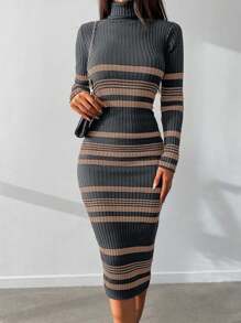 EURMUSE Damska sukienka dzianinowa z wysokim kołnierzem i długim rękawem w paski