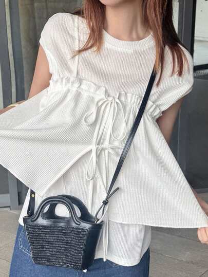 FRIFUL 2 件套女士纯色吊带背心和圆领宽松蝴蝶结装饰短袖 T 恤套装，夏季系带腰上衣收腰上衣夏季上衣白色上衣女士针织上衣
