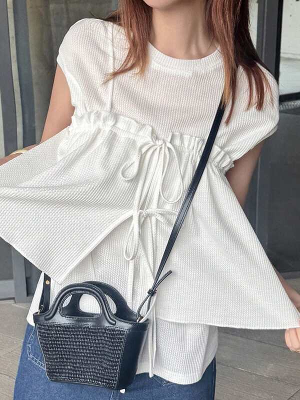 FRIFUL 2 件套女士纯色吊带背心和圆领宽松蝴蝶结装饰短袖 T 恤套装，夏季系带腰上衣收腰上衣夏季上衣白色上衣女士针织上衣