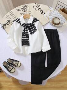 SHEIN 幼儿男童休闲长袖假翻领衬衫，搭配纯黑色裤子，时尚百搭，适合上学、外出、春夏秋季、返校季 - 彩色 - 查看 1