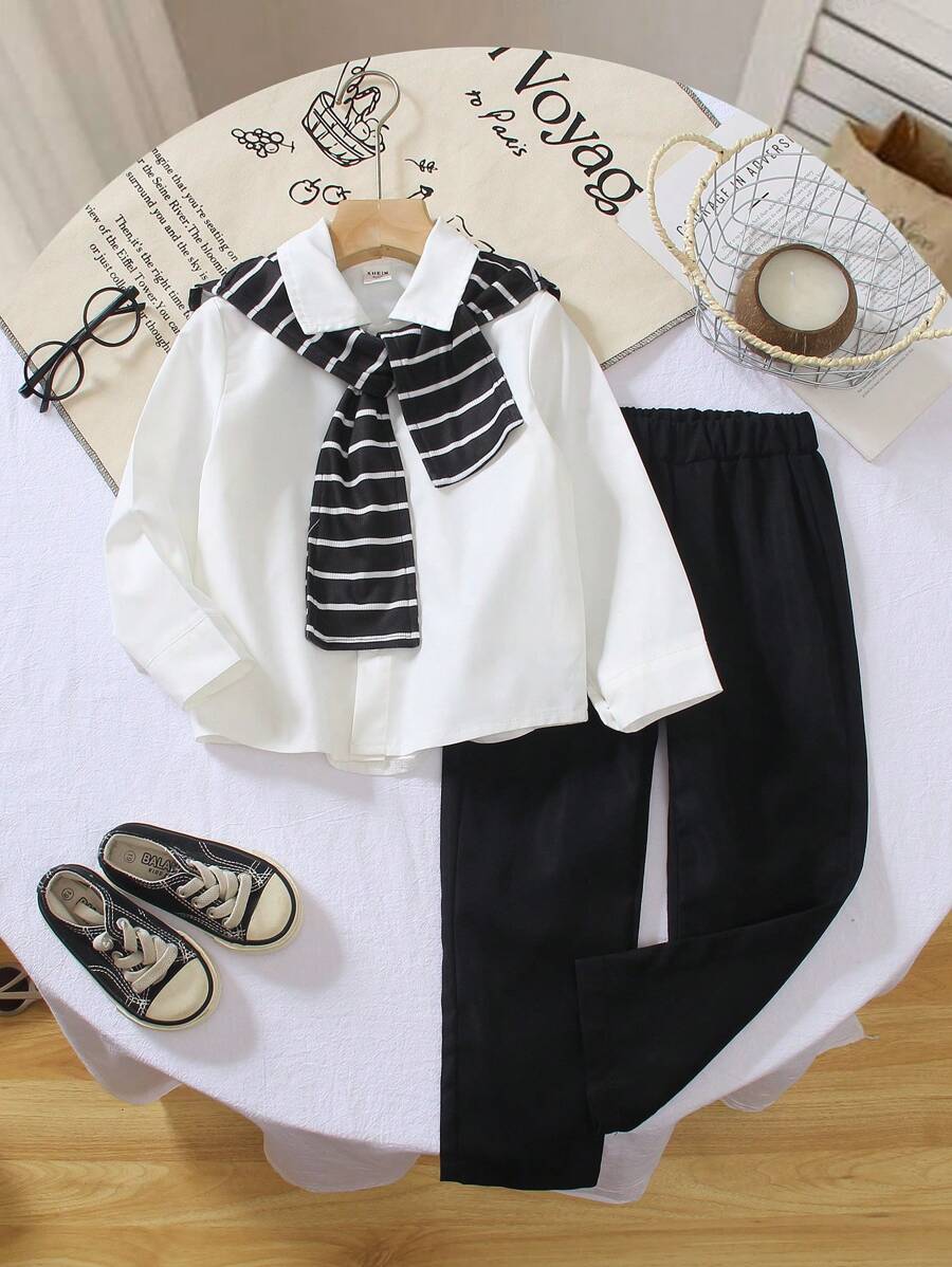 SHEIN 幼儿男童休闲长袖假翻领衬衫，搭配纯黑色裤子，时尚百搭，适合上学、外出、春夏秋季、返校季 - 彩色 - 查看 1