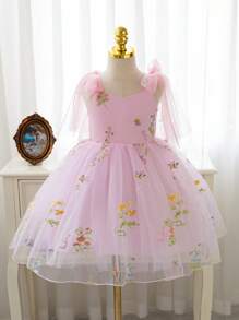 SHEIN Glamorique Kids 复活节花童生日派对婚礼礼服，女孩细肩带绿色薄纱蝴蝶结前公主刺绣芭蕾舞裙，适合舞台表演、派对、摄影，四季皆宜 - 西瓜粉 - 查看 4