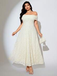 Modelyn 大码女式碎花蕾丝褶饰露肩优雅连衣裙