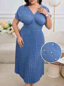 Modelyn 大码女式珍珠装饰短袖阿拉伯风格连衣裙 - 藍色 - 查看 2