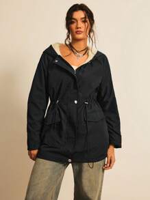 Freevana Plus Drawstring Waist Dual Pocket Teddy Lined Hooded Coat, For Winter Fall Autumn - Black - View 5