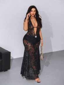 Viva Relle Vestido negro de verano para mujer de talla grande, de estilo elegante, con escote en V profundo, corte halter, lazo y encaje transparente, ideal para vacaciones, reuniones y fiestas - Negro - Ver 6