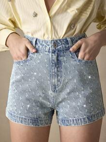 SHEIN BAE Damen Skinny Lässig Jeans-Shorts mit Taschen - Blau - Übersicht 6