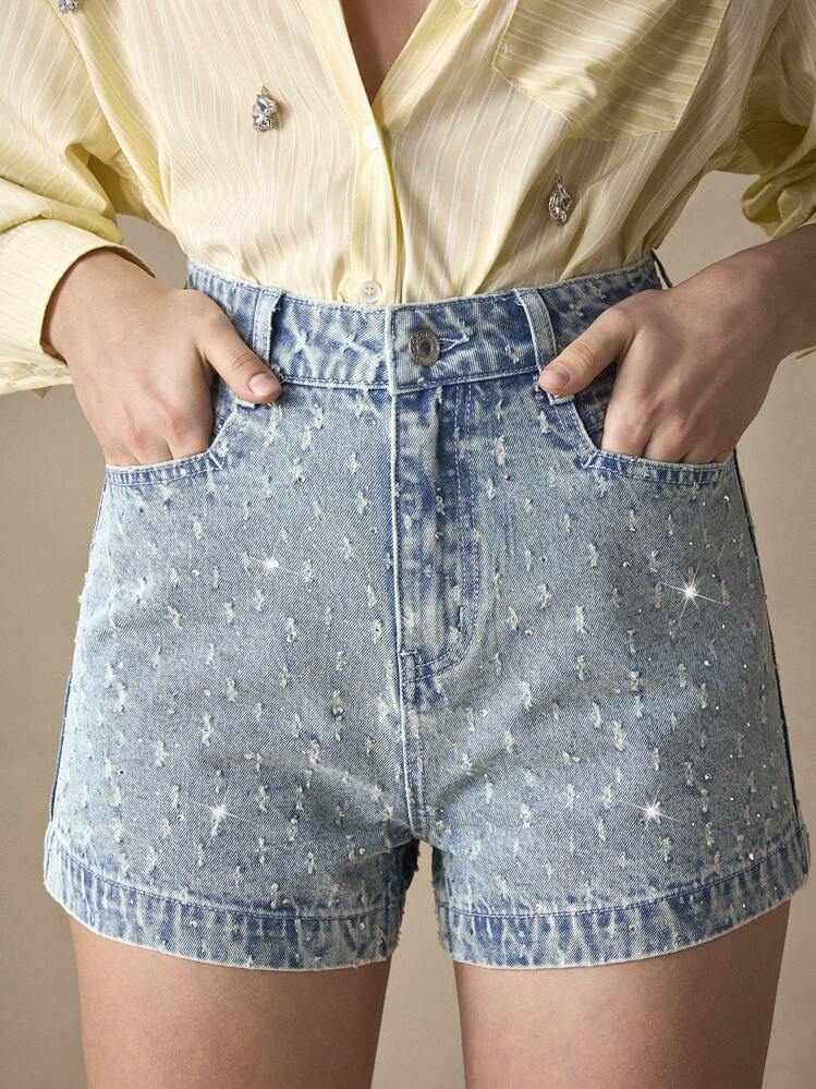 SHEIN BAE 女式口袋紧身休闲百搭牛仔短裤 - 藍色 - 查看 6