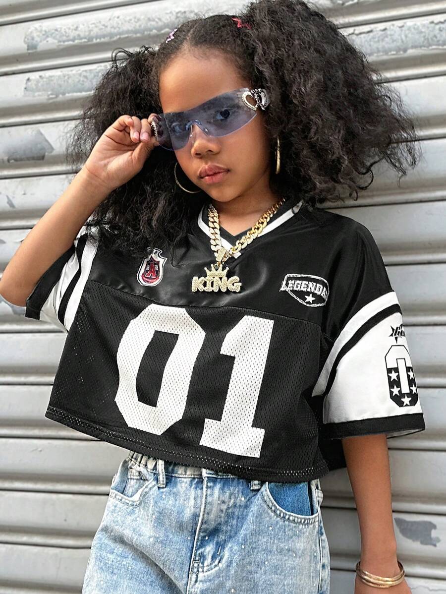 Coolane Kids Áo thun Jersey ngắn cổ chữ V lấp lánh thoáng khí họa tiết số màu xanh lá cây cho bé gái tuổi teen mùa xuân/hè/đường phố - màu đen - Xem 1