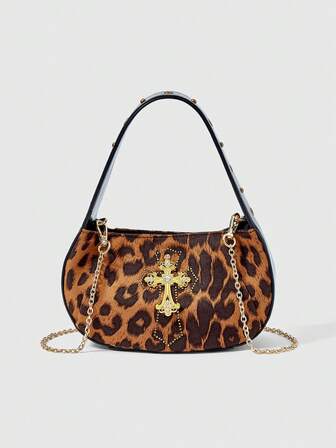 Grunge Punk Borsa a tracolla da donna alla moda con stampa leopardata e decorazione a croce