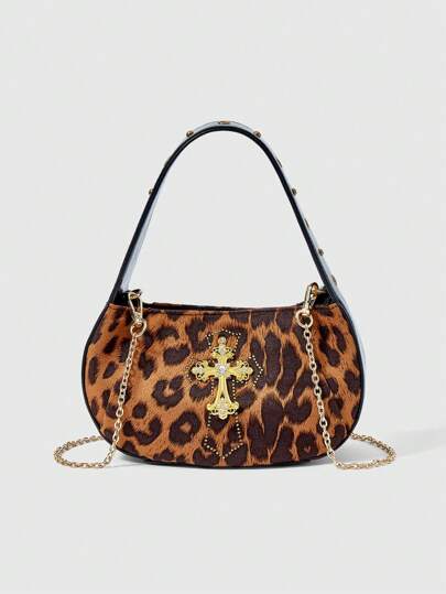 Grunge Punk Fashionable Leopard Print & Cross Decor Chain Strap Women Handbag