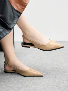 CUCCOO BIZCHIC Giày bệt đế bằng mũi nhọn đơn giản màu trơn dành cho nữ, giày đi làm cơ bản đa năng, màu đen, da PU tráng gương - Màu be - Xem 3