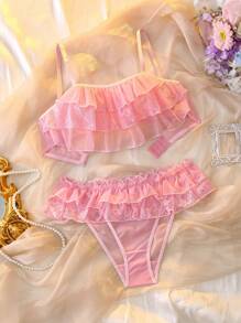 DelicateAllure Conjunto de lencería con borde de encaje de unicolor y diseño sexy para mujer - Rosa - Ver 3