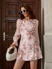 Solivie 女式优雅花卉印花圆领长袖紧身迷你连衣裙