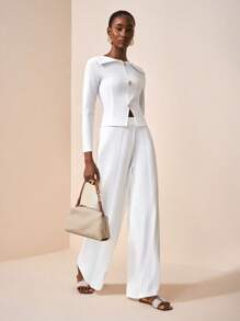 Zivah 2025 früher Herbst neue lässige elegante Outfit für tägliche Verabredungen, Partys und Bankette: Rundhals-Oberteil + Revers mit Metall-Knopf-Dekoration, vorne mittig geschlitzt, langärmlig + gerade geschnittene, ultraweite Hose, Damen Zweiteiler - Variante A - Weiss - Übersicht 5