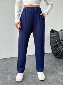 EURMUSE Của phụ nữ Kích thước lớn Eo đàn hồi Túi nghiêng Quần ống côn - Màu xanh hải quân - Xem 4