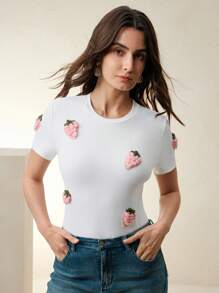 Anewsta 女士斜肩短袖T恤，3D草莓印花修身款，夏季 - 白色 - 查看 3