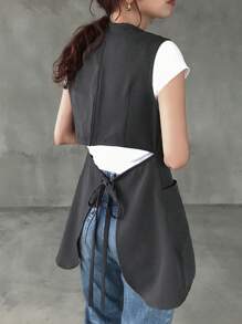 FRIFUL Blusa casual sin mangas con cuello redondo, cintura ceñida, cremallera trasera y espalda descubierta, color gris oscuro sólido, para negocios, graduación y vacaciones - Gris Oscuro - Ver 5