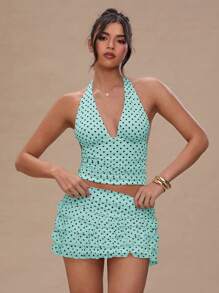 SHEIN BAE Women's Summer Polka Dot Print Plunging V-Neck Halter Camisole Top