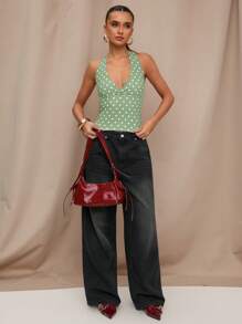 SHEIN BAE 夏季黑色波点印花休闲露背衬衫，适合早午餐、郊游、约会、通勤、休闲、伊比沙岛 - 薄荷綠 - 查看 4